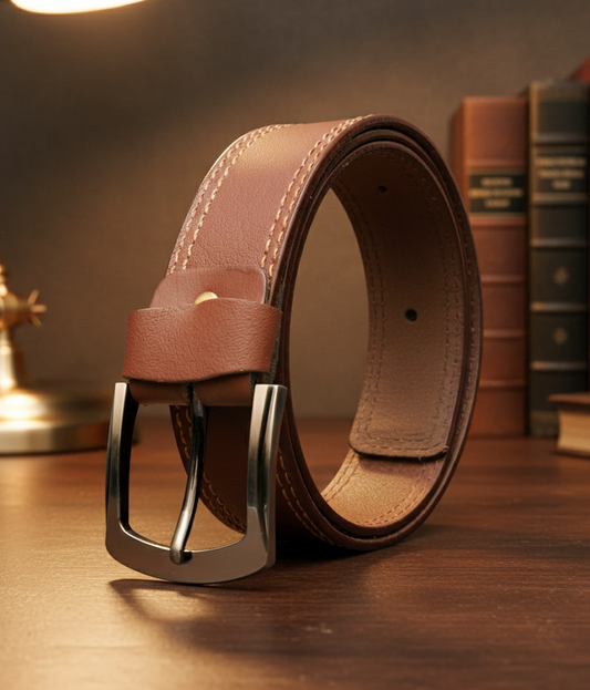 Brown leather belt with silver buckle on a wooden surface with books in the background