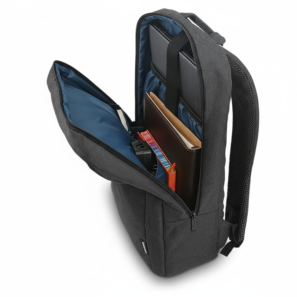 Black backpack with compartments containing a laptop and books on a white background