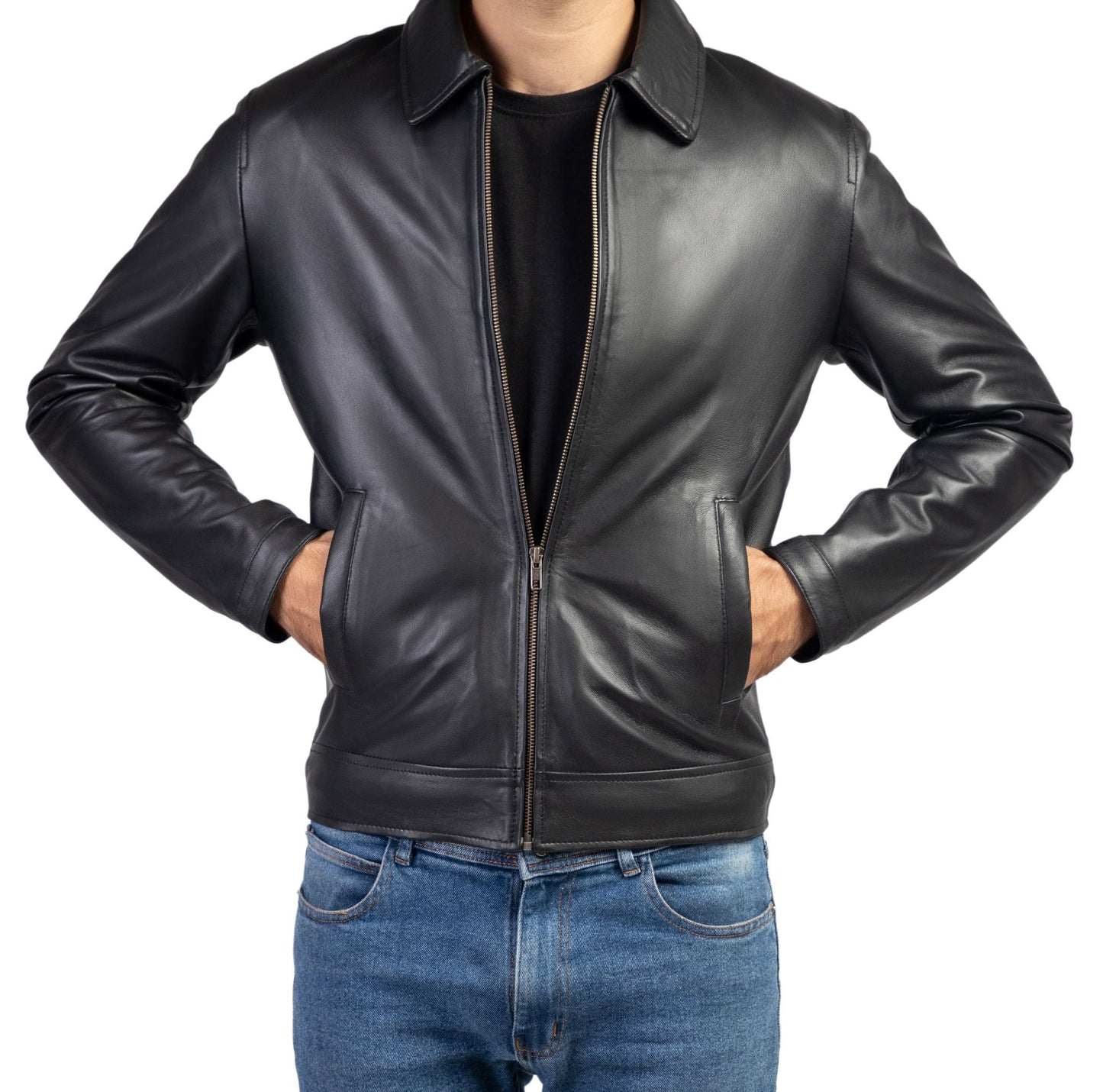 Premium Men’s Leather Jacket with Harrington Shirt Collar