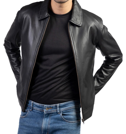 Premium Men’s Leather Jacket with Harrington Shirt Collar