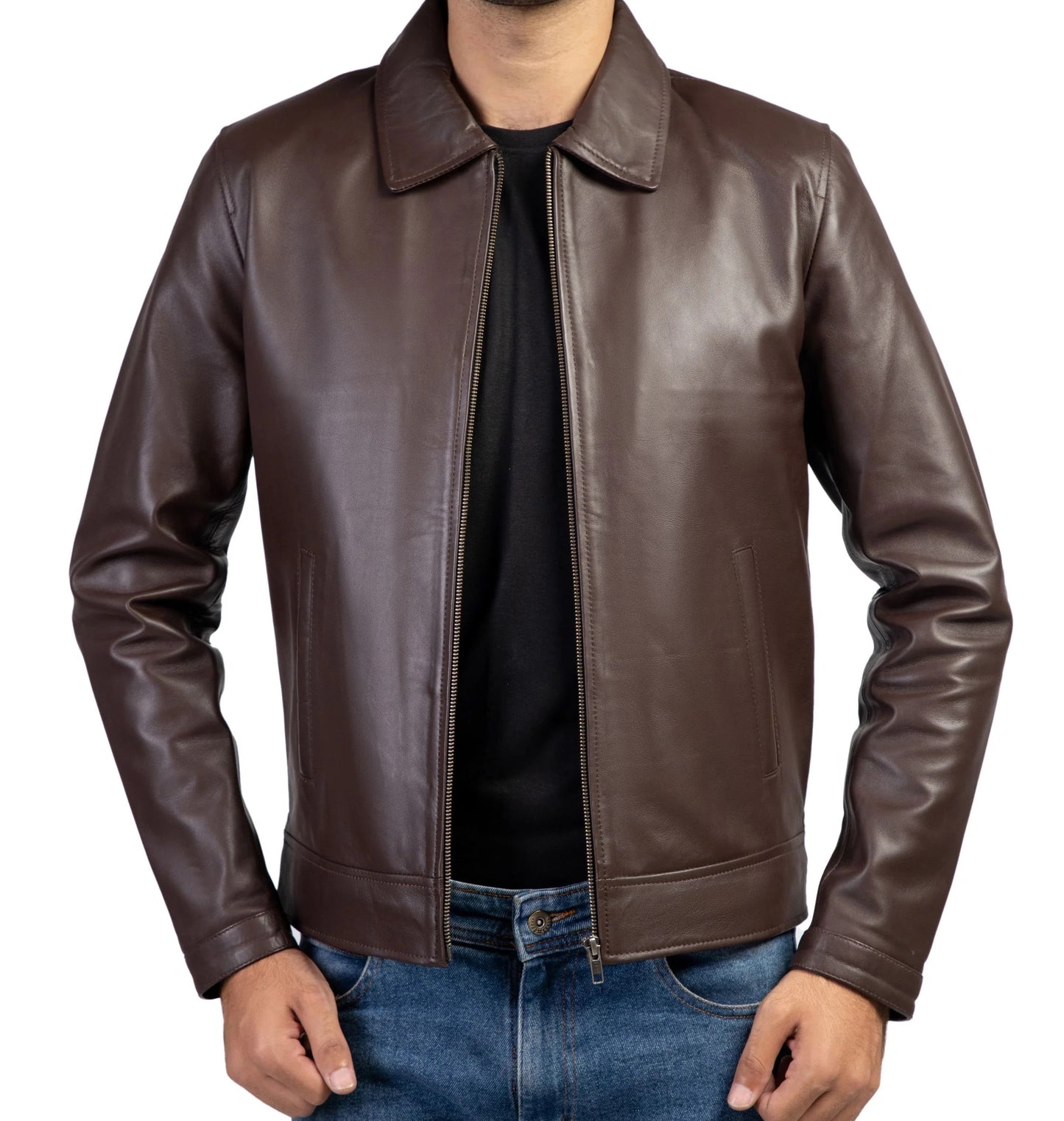 Premium Men’s Leather Jacket with Harrington Shirt Collar
