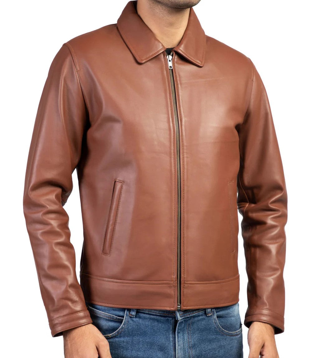 Premium Men’s Leather Jacket with Harrington Shirt Collar